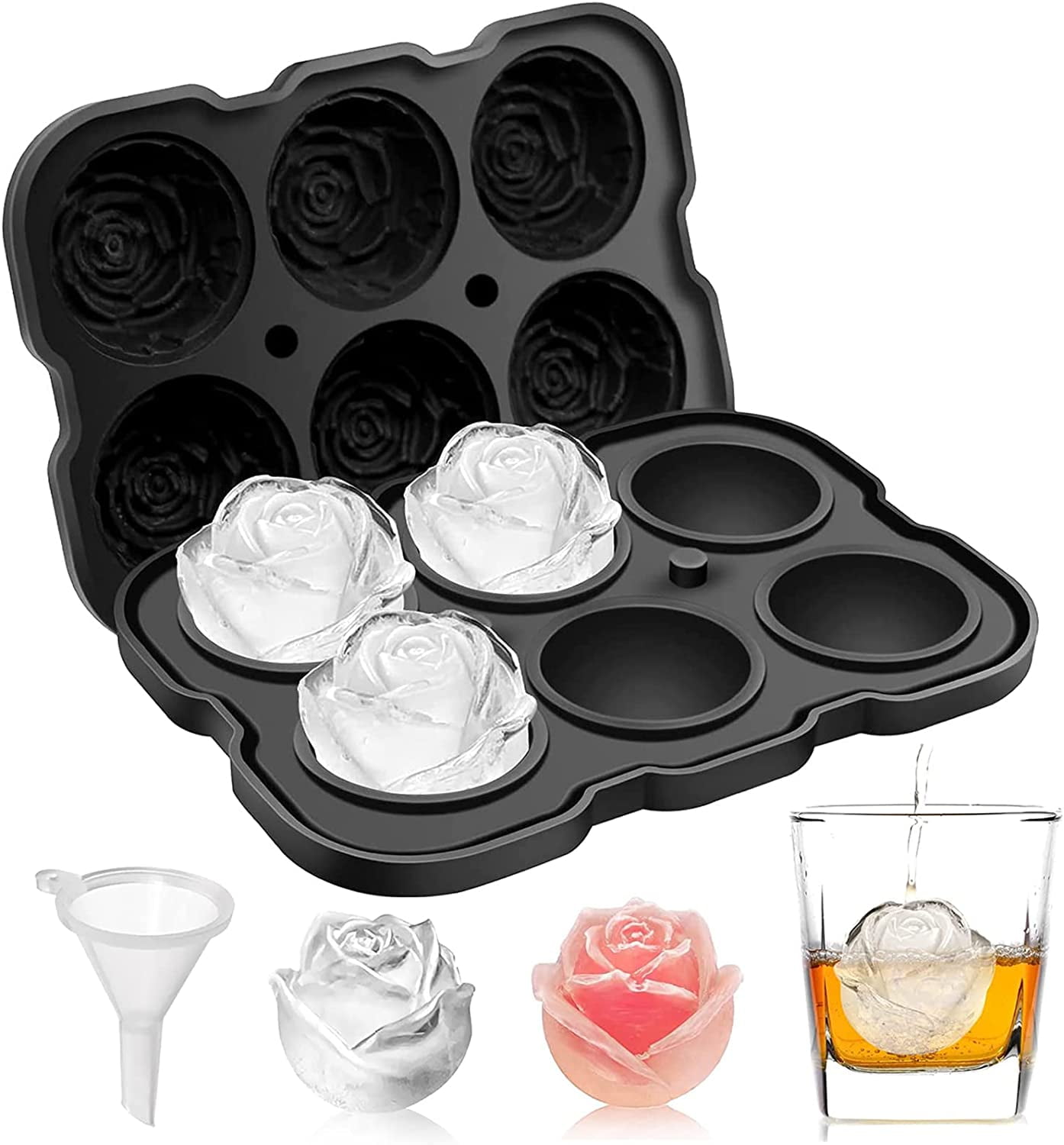 Ice Cube Tray, 2 inch Rose Ice Cube Trays With Covers, 6 Cavity Silicone Rose Ice Ball Maker, Easy Release Large Ice Cube Form for Chilled Cocktails, Whiskey, Bourbon & Homemade Juice Black