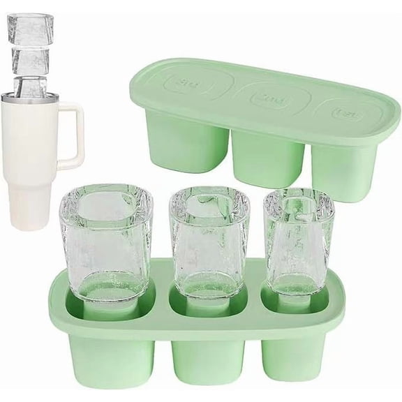 Ice Cube Tray for 20-40 oz Tumbler Cup, 3 in 1 Silicone Ice Cube Molds With Lid and Hanging Hook, for Drink, Juice, Coffee, Easy Fill and Release (Green)