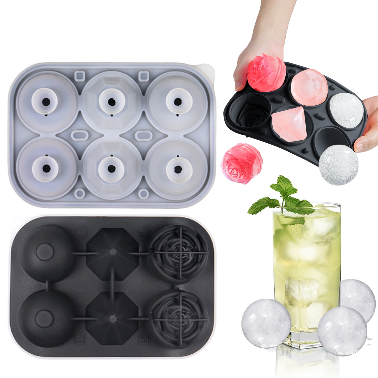 Ice Cube Tray, 6 Cavity Silicone Ice Cube Tray with Lid, 2.6 inch Rose & Sphere Shaped Ice Cube Trays with Covers, Easy Release Ice Ball Maker, Whiskey Ice Ball & Rose Mold for Home Bar, Coffee,Black