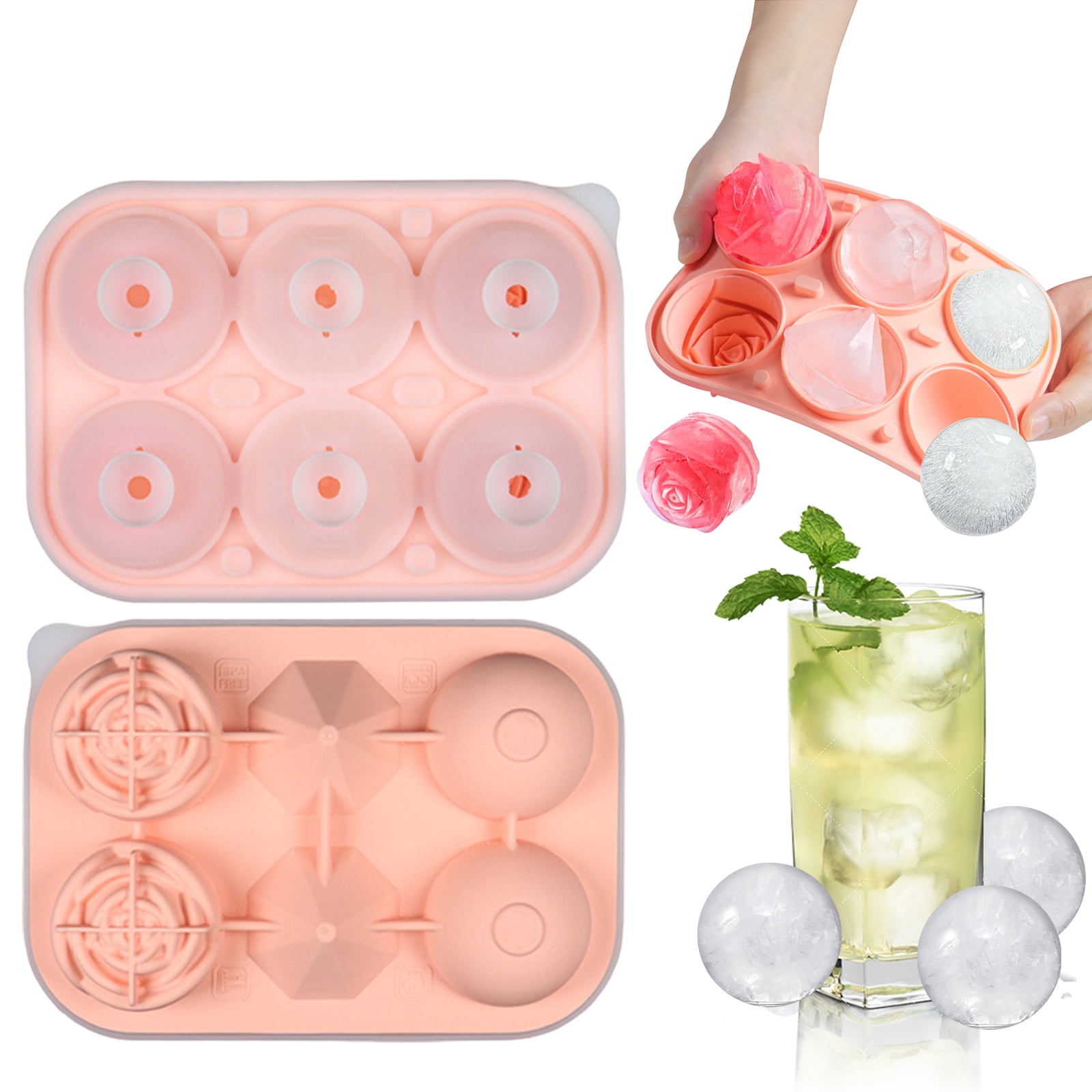 Ice Cube Tray, 6 Cavity Silicone Ice Cube Tray with Lid, 2.6 inch Rose & Sphere Shaped Ice Cube Trays with Covers, Easy Release Ice Ball Maker, Whiskey Ice Ball & Rose Mold for Home Bar, Coffee,Pink