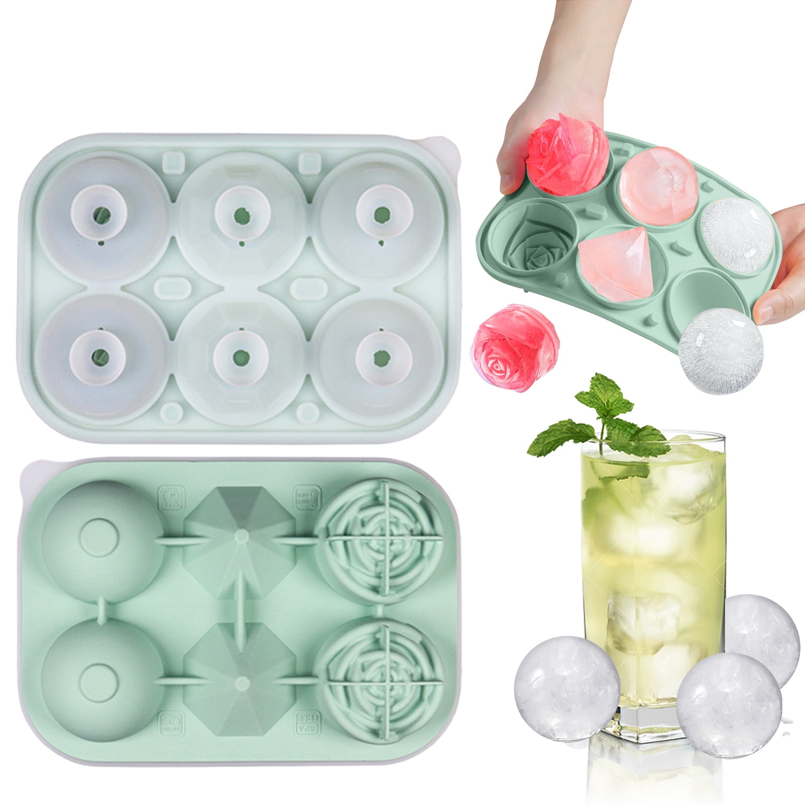 Ice Cube Tray, 6 Cavity Silicone Ice Cube Tray with Lid, 2.6 inch Rose & Sphere Shaped Ice Cube Trays with Covers, Easy Release Ice Ball Maker, Whiskey Ice Ball & Rose Mold for Home Bar, Coffee,Green