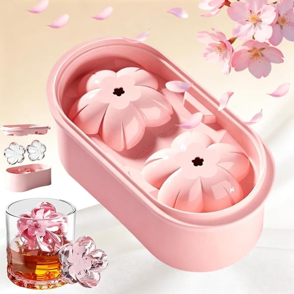 Ice Cube Tray - Cherry Blossoms Ice Cube Trays with Covers,2 Cavity Non Stick Reusable Containers,Cocktail and Drink Maker with Quick Release,Large Ice Cube Form for Drinks Wine (Pink #1)