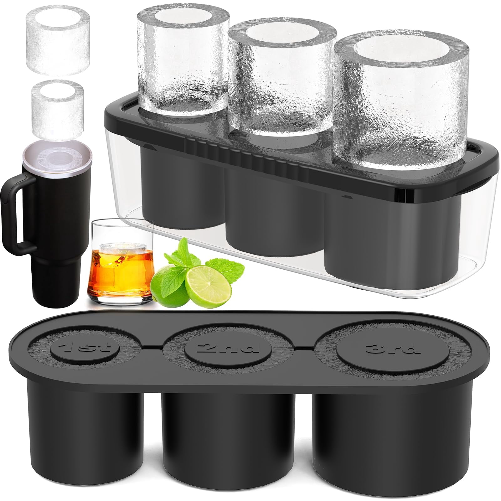 Ice Cube Tray For Tumbler Cup 30oz-40oz  3 Silicone Cylinder Mold With Lid And Bin Freezer Easy Fill Release Maker Cocktail (black 40oz-type1)