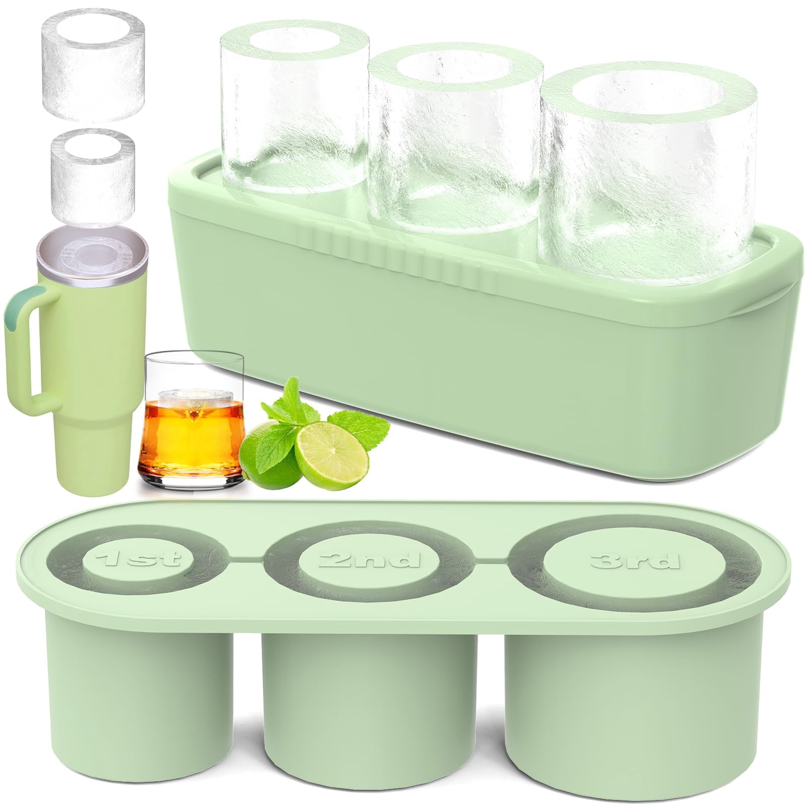 Ice Cube Tray For Tumbler Cup 30oz-40oz  3 Silicone Cylinder Mold With Lid And Bin Freezer Easy Fill Release Maker Cocktail (green 40oz-type1)