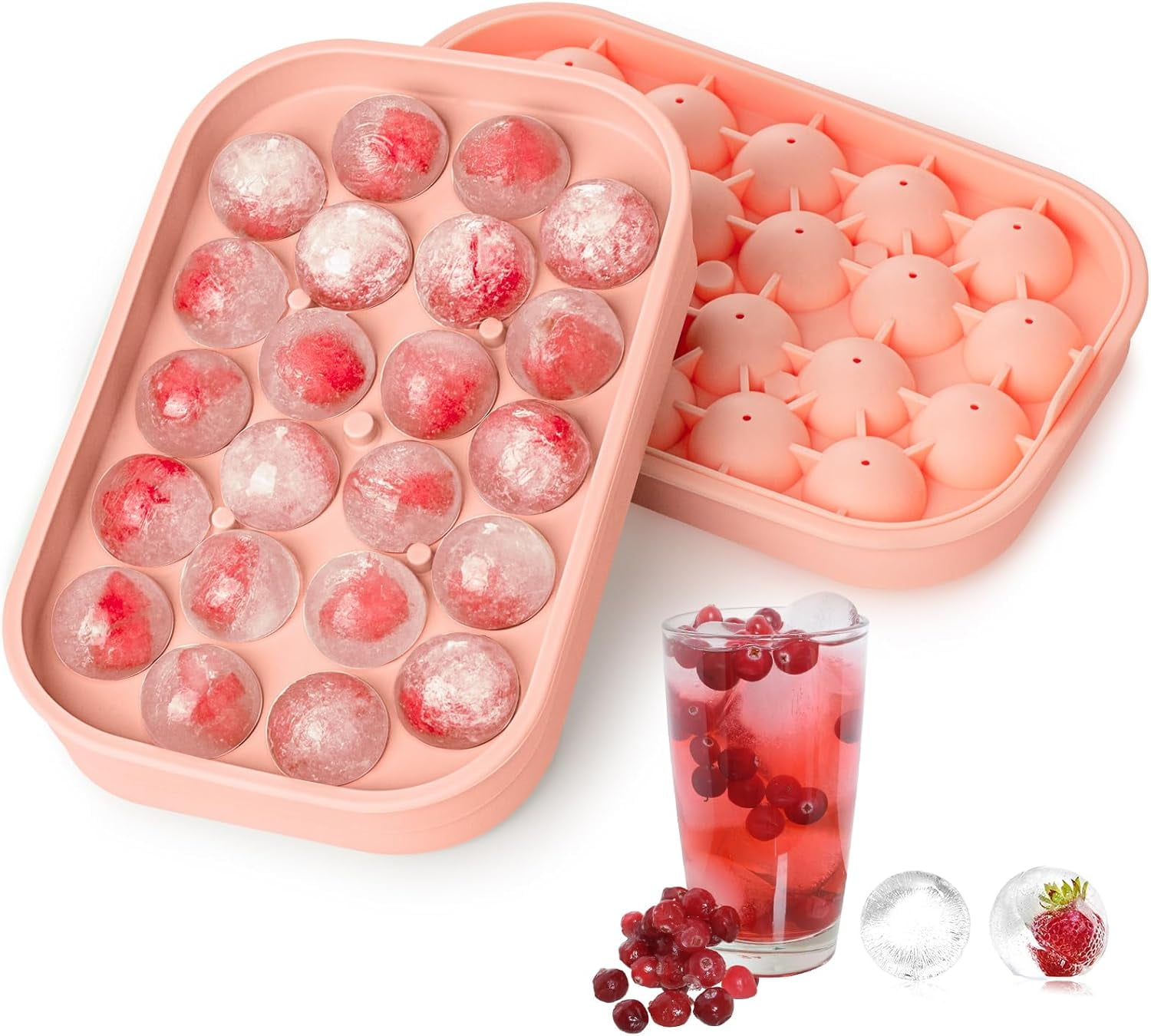 Ice Cube Tray for Freezer, 2 Pack Silicone Ice Balls Maker with Lid BPA Free Easy-Release Ice Cube Molds, DIY Homemade Round Ice Cubes for Whiskey, Cocktails, Coffee (Pink)