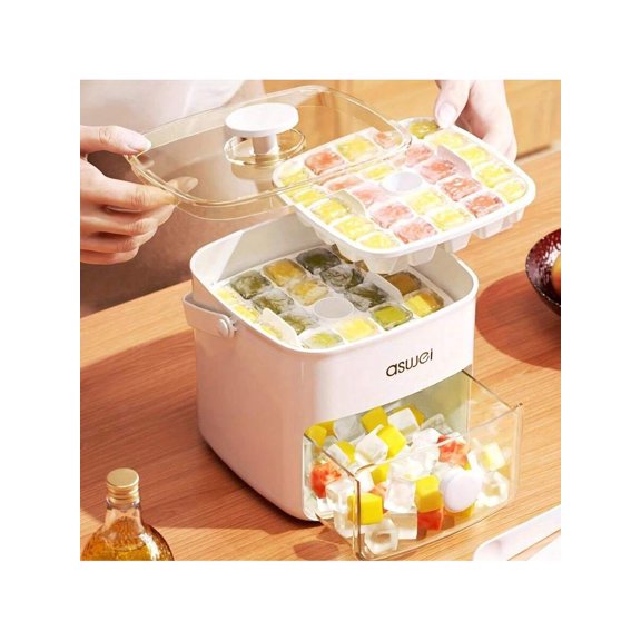 Ice Cube Tray for Freezer with Lid and Bin, 48-Cavity Double Layer Ice Maker Mold, Large Plastic Storage Container and Scoop, Easy-Release Silicone-Bottom Ice Mold for Cocktails