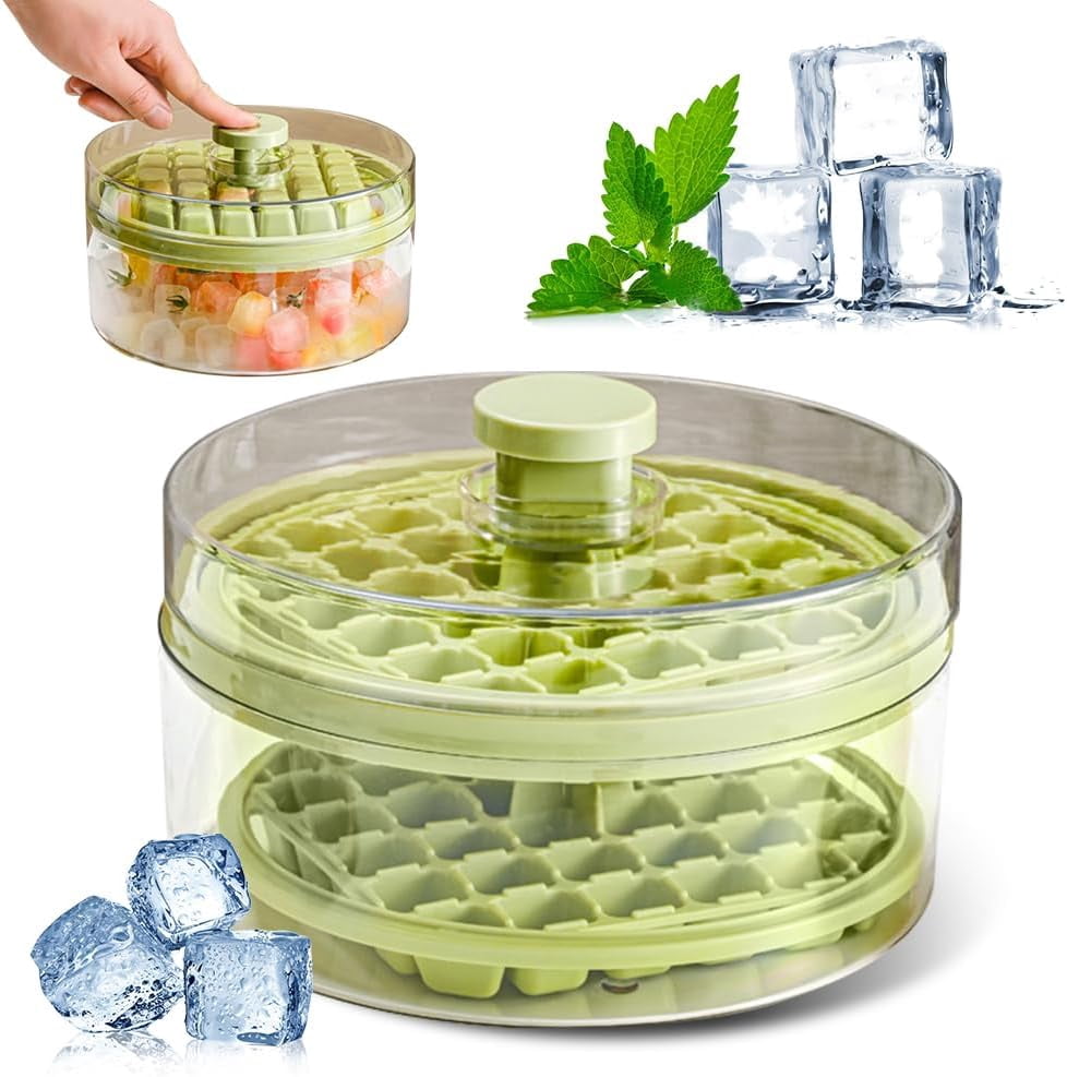 Ice Cube Tray, Ice Cube Tray for Freezer with Lid, 64 PCS Easy Release Silicone Ice Cube Container, Container with Lid and Spatula for Chilling Cocktails Whiskey Juice Drinks Coffee (Green, 2 Layers)