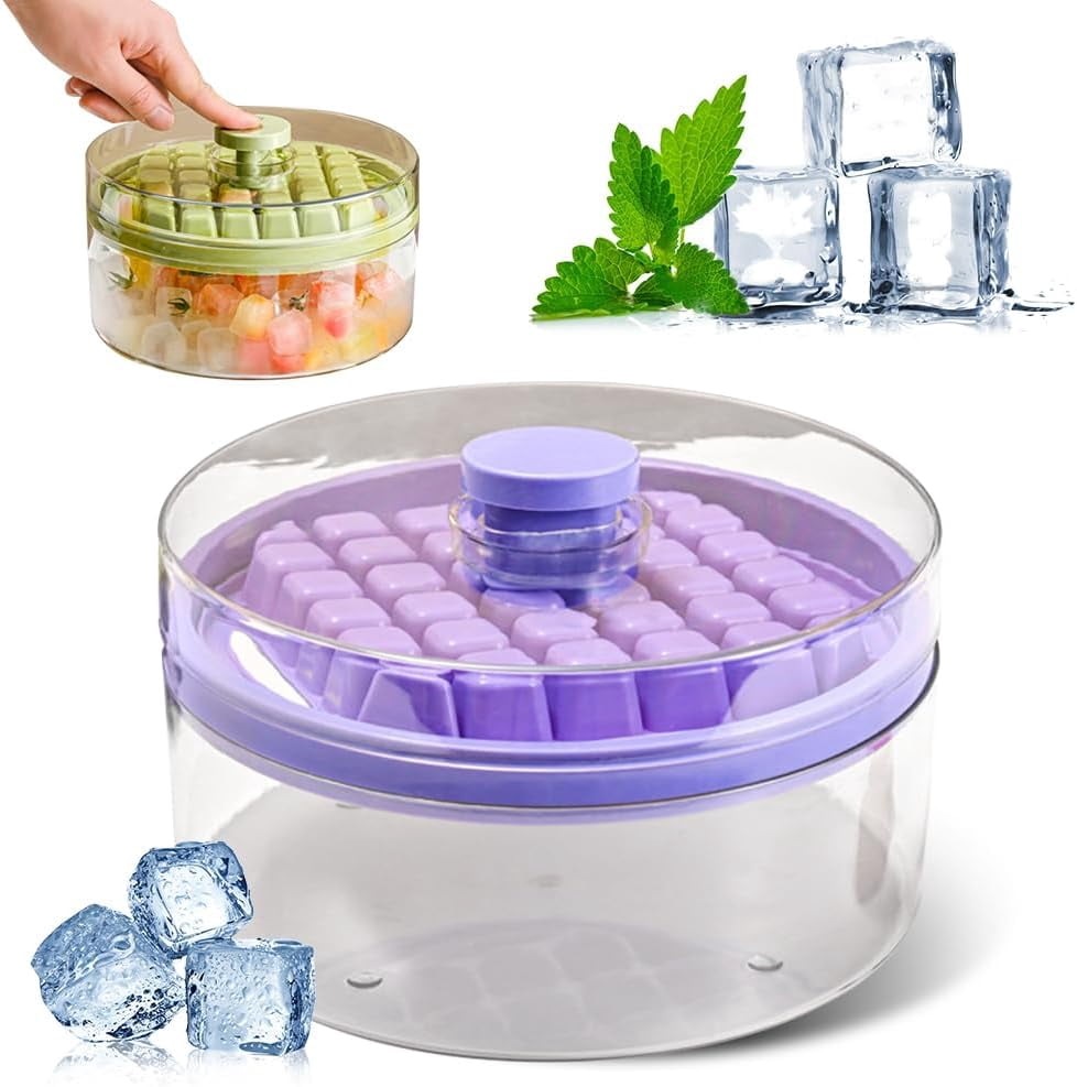 Ice Cube Tray, Ice Cube Tray for Freezer with Lid, 64 PCS Easy Release Silicone Ice Cube Container, Container with Lid and Spatula for Chilling Cocktails Whiskey Juice Drinks Coffee (Purple, 1 Layer)