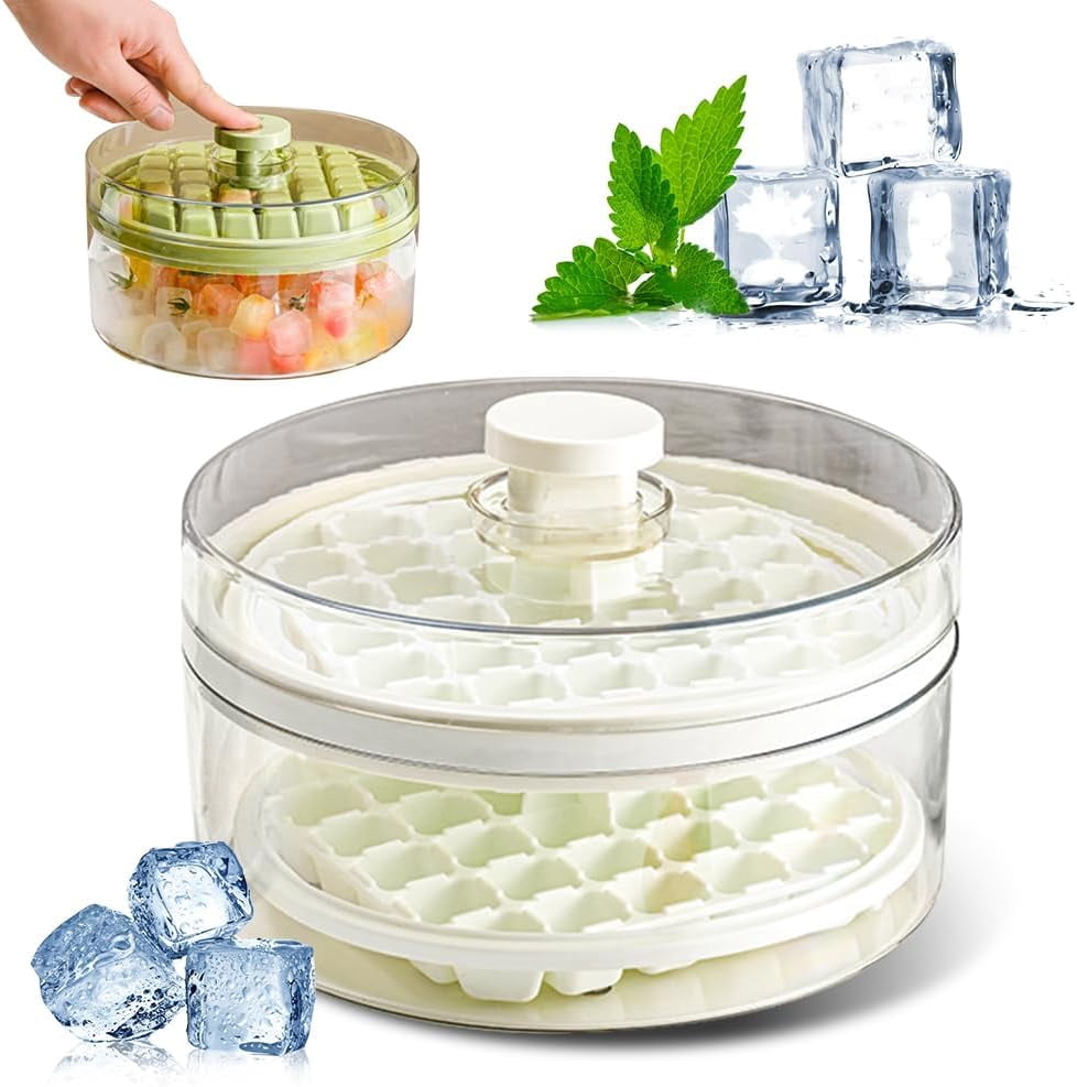 Ice Cube Tray, Ice Cube Tray for Freezer with Lid, 64 PCS Easy Release Silicone Ice Cube Container, Container with Lid and Spatula for Chilling Cocktails Whiskey Juice Drinks Coffee (White, 2 Layers)