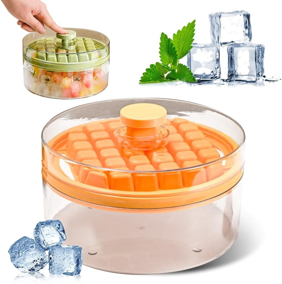 Ice Cube Tray, Ice Cube Tray for Freezer with Lid, 64 PCS Easy Release Silicone Ice Cube Container, Container with Lid and Spatula for Chilling Cocktails Whiskey Juice Drinks Coffee (Yellow, 1 Layer)