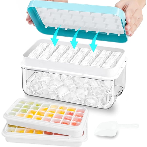 Ice Cube Tray, Ice Tray with Lid and Bin and Ice Scoop, Ice Cube Pop Out Tray, Ice Cube Trays for Freezer, Ice Cube Molds, BPA Free, Easy Release Stackble Spill-Resistant (Blue)