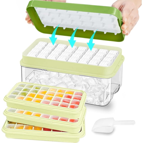 Ice Cube Tray, Ice Tray with Lid and Bin and Ice Scoop, Ice Cube Pop Out Tray, Ice Cube Trays for Freezer, Ice Cube Molds, BPA Free, Easy Release Stackble Spill-Resistant (Green 3 Tier)