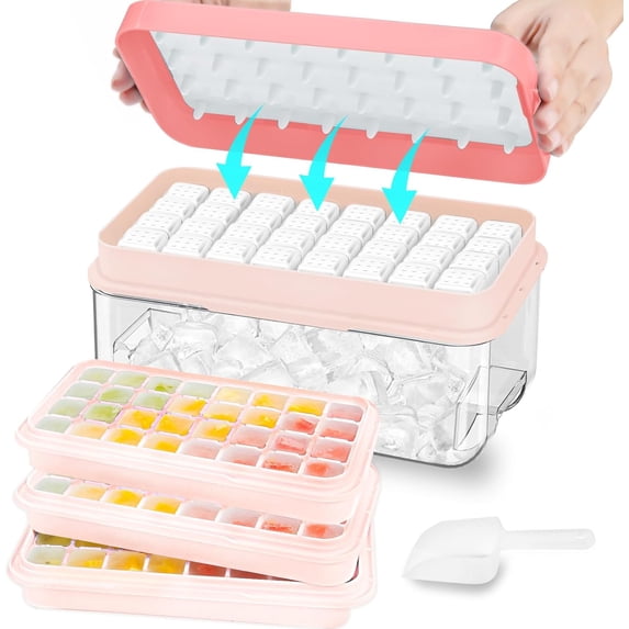 Ice Cube Tray, Ice Tray with Lid and Bin and Ice Scoop, Ice Cube Pop Out Tray, Ice Cube Trays for Freezer, Ice Cube Molds, BPA Free, Easy Release Stackble Spill-Resistant (Pink 3 Tier)