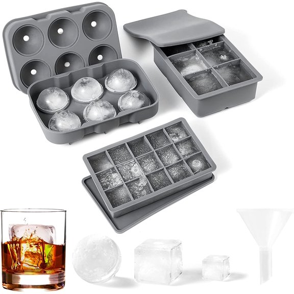 Ice Cube Tray, Ice Trays for Freezer with Lid, 3 Pack Silicone Large Round Ice Cube Tray, Sphere Squarecomb Ice Trays for Whiskey with Covers&Funnel,Reusable Ice Cube Trays BPA-Free Gray