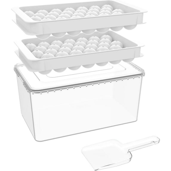 Ice Cube Tray with Lid & Bin, 0.8inx66 Ice Ball Maker Mold for Freezer with Container Ice Trays Making Sphere Ice Chilling Cocktail Tea Coffee (2 White Trays 1 Ice Bucket & Scoop)