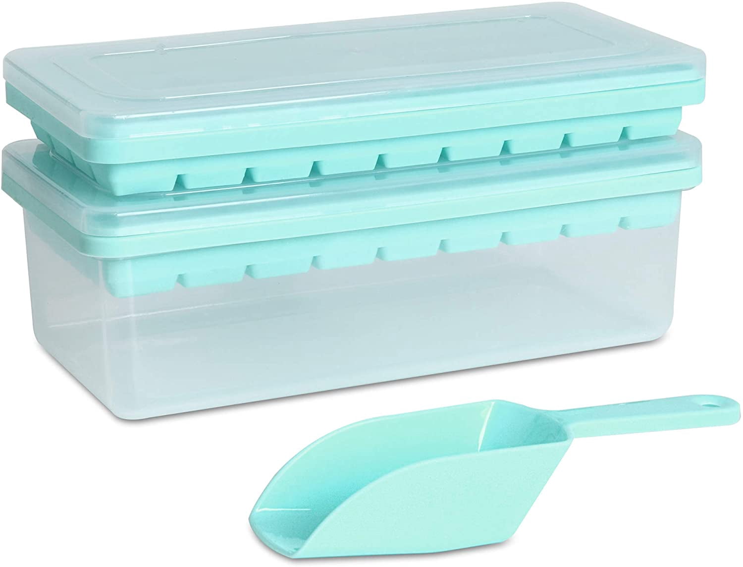Ice Cube Tray With Lid and Bin,2*36 Nugget Food-grade Silicone Ice Tray,Flexible Ice Cube Molds Comes with Ice Container, Scoop and Cover (Green, 2*36 cubes Silicone suits)