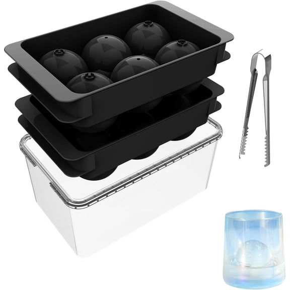 Ice Cube Tray with Lid&Bin, 2'' Whiskey Ice Mold, 2Pack Ice Ball Maker Mold, Large Ice Cube Trays with Tong, Easy Fill & Release Making Ice Balls for Whiskey Cocktails Bourbon (Black)