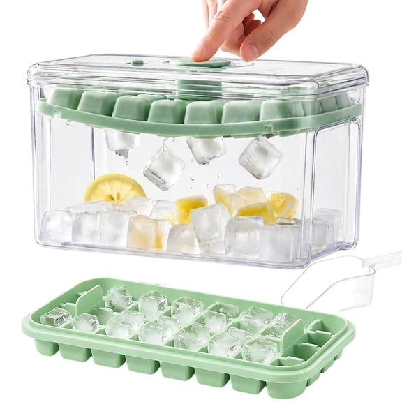 Ice Cube Tray with Lid and Bin, 28/56 Grids Easy Press Ice Cube Trays, BPA Free Silicone Ice Mold, Stackable Spill-Resistant Ice Maker for Freezer, Cocktail, Whiskey, Coffee (Green, 28 Grids)