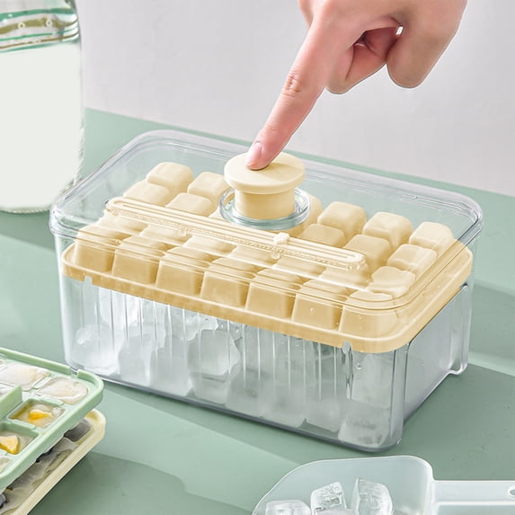 Ice Cube Tray with Lid & Bin | 28 Square Ice Cubes Mold Set, Easy Release One-Click Press, Stackable Freezer Storage Container, Food Grade PP ABS, Green Beige 7.5"x4.5"