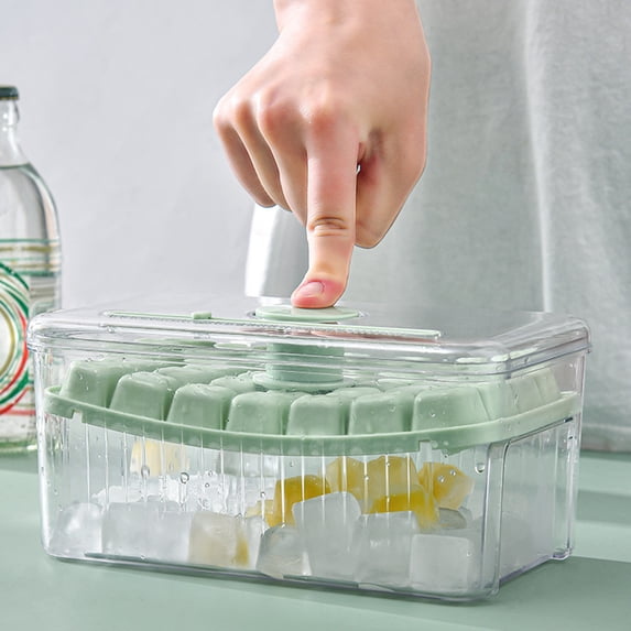 Ice Cube Tray with Lid & Bin | 28 Square Ice Cubes Mold Set, Easy Release One-Click Press, Stackable Freezer Storage Container, Food Grade PP ABS, Green Beige 7.5"x4.5"