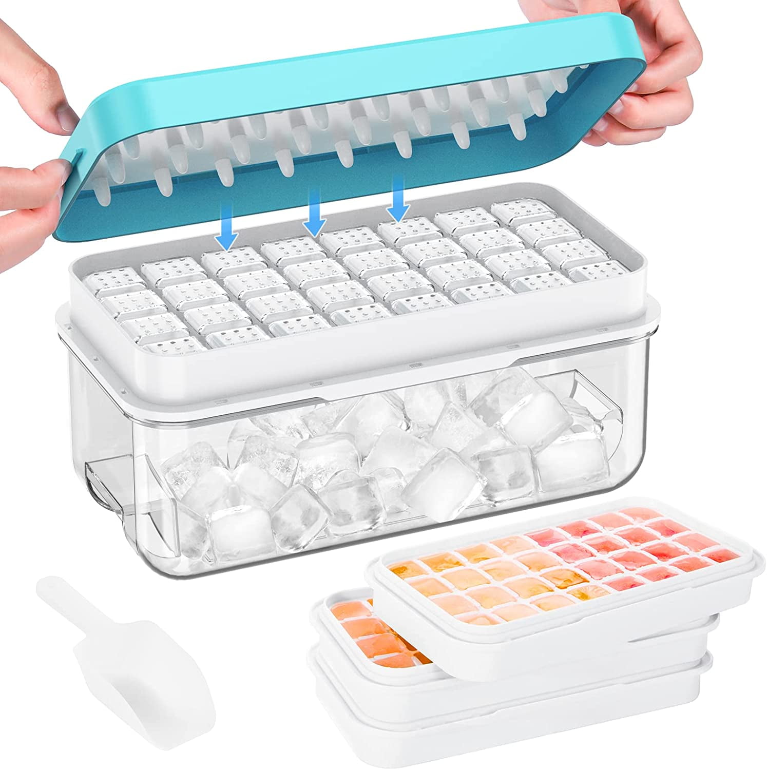 Ice Cube Tray with Lid and Bin, 3 Pack Plastic Ice Cube Tray Molds, 96(4 * 8 * 3) pcs Ice Trays for Freezer, Chilling Drinks, Whiskey & Cocktails, with Ice Container and Ice Scoop, BPA-Free