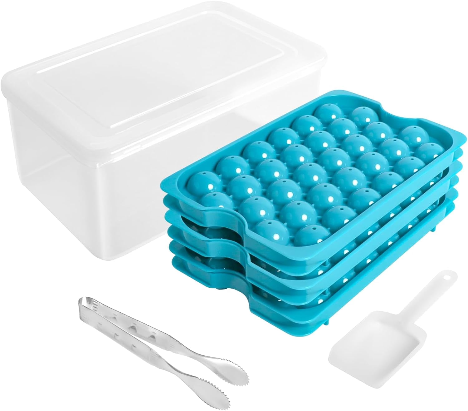 Ice Cube Tray with Lid and Bin,3 Pack Round Ice Trays for Freezer with Lid,96PCS 0.8" Ice Balls for Chilling Drinks Coffee Juice,Ice Cube Trays for Freezer with Ice Container,Ice Scoop & Tongs