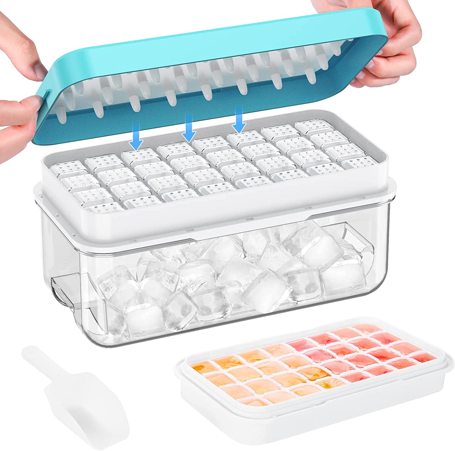 Ice Cube Tray with Lid and Bin, 32 pcs Ice Cubes Molds, Ice Trays for Freezer, Ice Cube Tray Mold, with 1 Tray, Ice Freezer Container, Spill-Resistant Removable Lid & Ice Scoop, for Whiskey,Cocktail