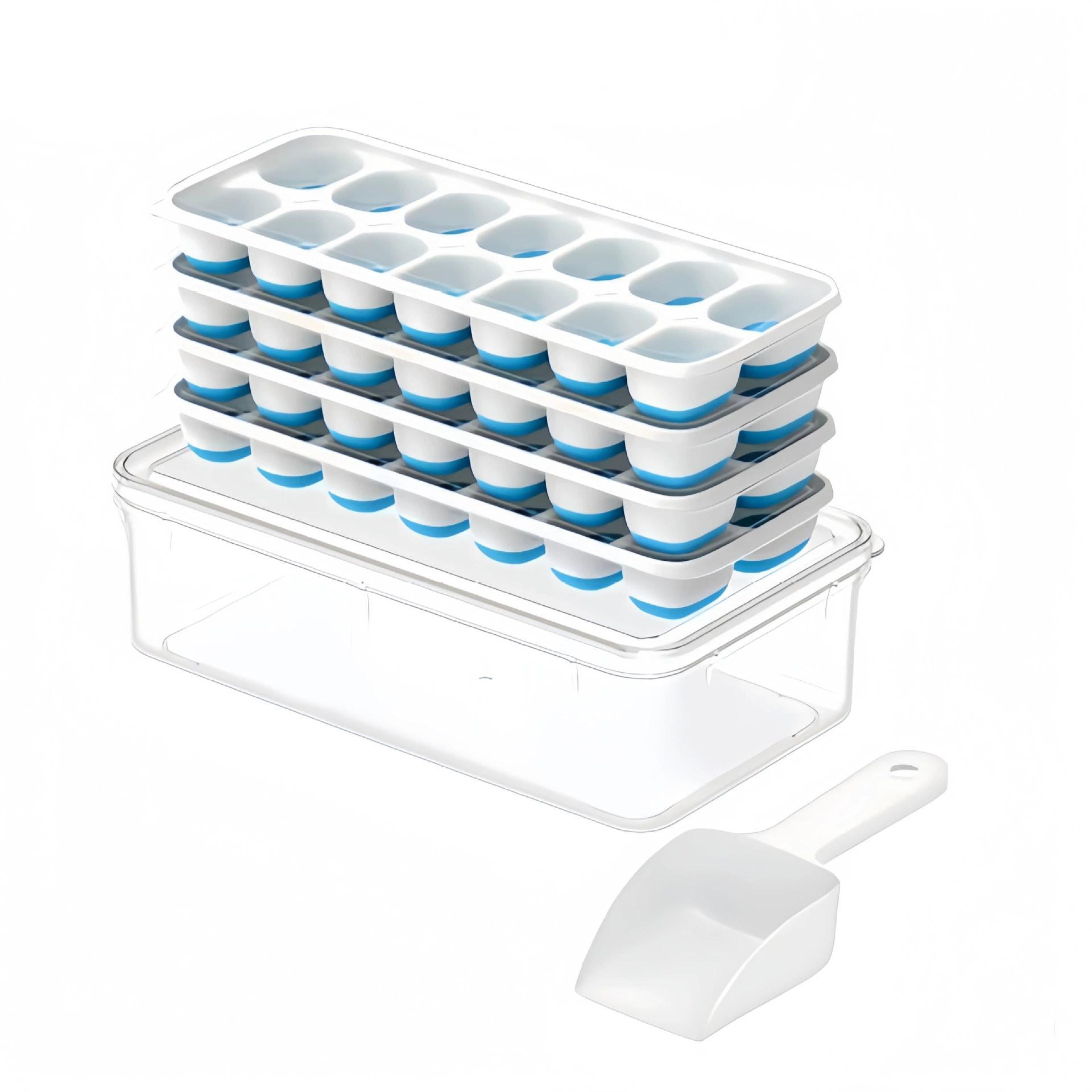 Ice Cube Tray with Lid and Bin,4 Packs 56 Cubes Silicone Plastic Ice Cube Trays for Freezer, Stackable Ice Tray with Container, Ice Scoop, Coffee and Cocktails Blue