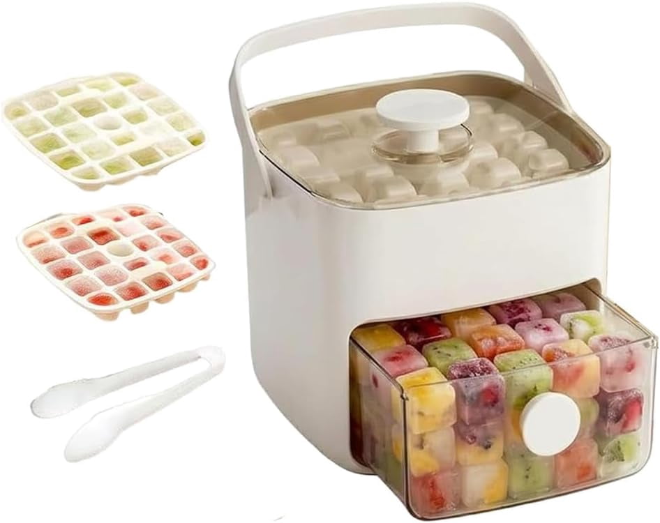 Ice Cube Tray with Lid and Bin, 48-Cube Press Ice Maker with Storage Box, Double Layer Handled, Easy Release Ice Tray with Drawer and Ice Tongs for Freezer, Whiskey, Cocktail, Beer, Coffee (White)