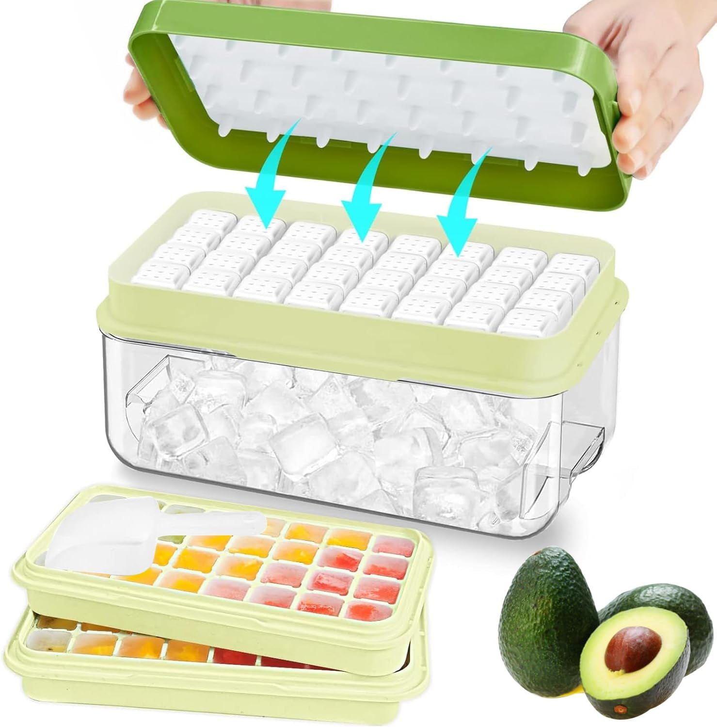 Ice Cube Tray with Lid and Bin, 64 pcs Ice Tray Kit with Ice Scoop, Ice Cube Pop Out Tray, Ice Cube Trays for Freezer, Ice Cube Molds, BPA Free, Easy Release Stackble Spill-Resistant (Green)