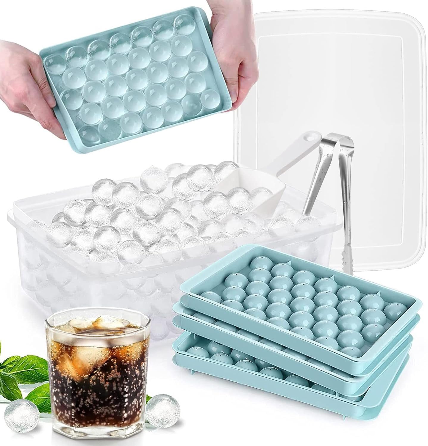 Ice Cube Tray with Lid and Bin 99 Circle Ice Cube Molds with Scoop Round Ice Trays for Freezer and Easy Release Ice Box Container for Whiskey Beer (3 Blue Tray, 1 Scoop & Tong)