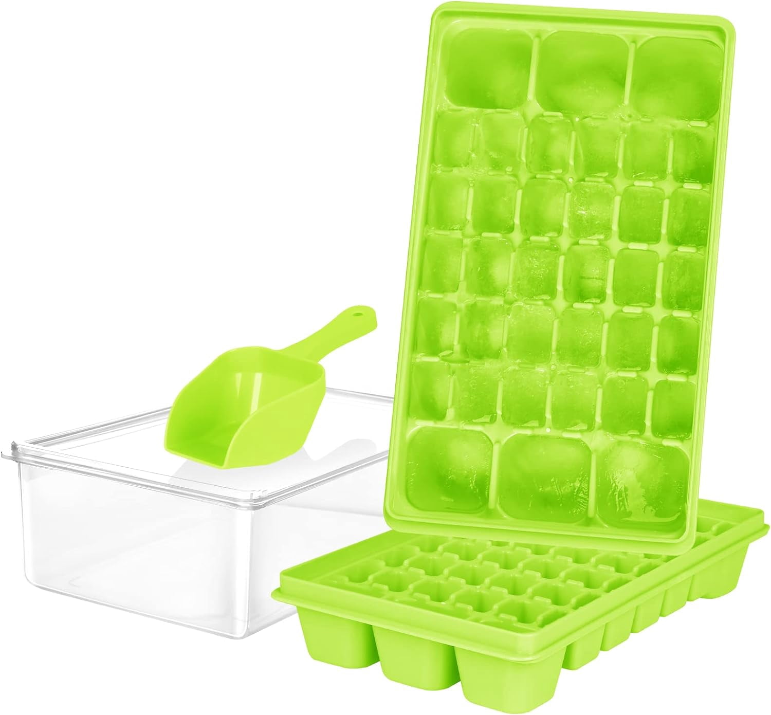 Ice Cube Tray with Lid and Bin for Freezer, Easy Release 36 Nugget Ice Tray with Cover, Storage Container, Scoop. Perfect Small Ice Cube Maker Tray & Mold. Flexable Durable Plastic, BPA Free (Green)