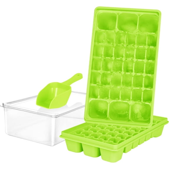 Ice Cube Tray with Lid and Bin for Freezer, Easy Release 36 Nugget Ice Tray with Cover, Storage Container, Scoop. Perfect Small Ice Cube Maker Tray & Mold. Flexable Durable Plastic, BPA Free (Green)