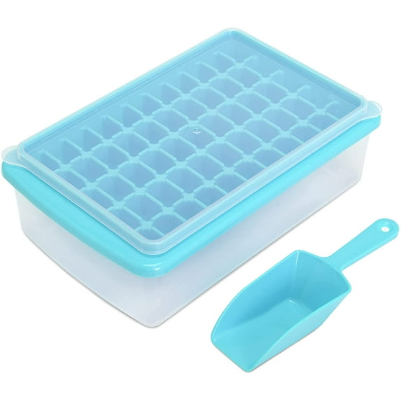 Ice Cube Tray with Lid and Bin for Freezer, Easy Release 55 Nugget Ice Tray with Cover, Storage Container, Scoop. Perfect Small Ice Cube Maker Tray & Mold. Flexable Durable Plastic, BPA Free