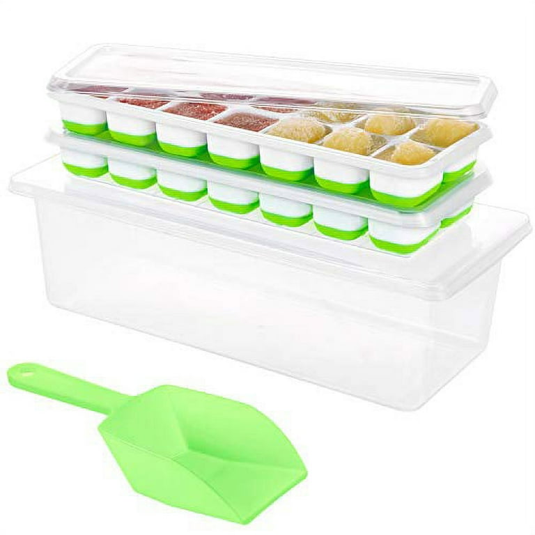 Ice Cube Tray with Lid and Bin for Freezer - Silicone Stackable