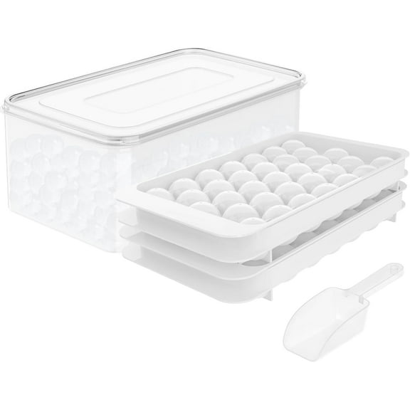 Ice Cube Tray with Lid & Bin, Ice Ball Maker Mold with Container Circle Ice Cube Tray Making 66pcs 1" Sphere Ice Balls (2 White Trays 1 Ice Bucket & Scoop)