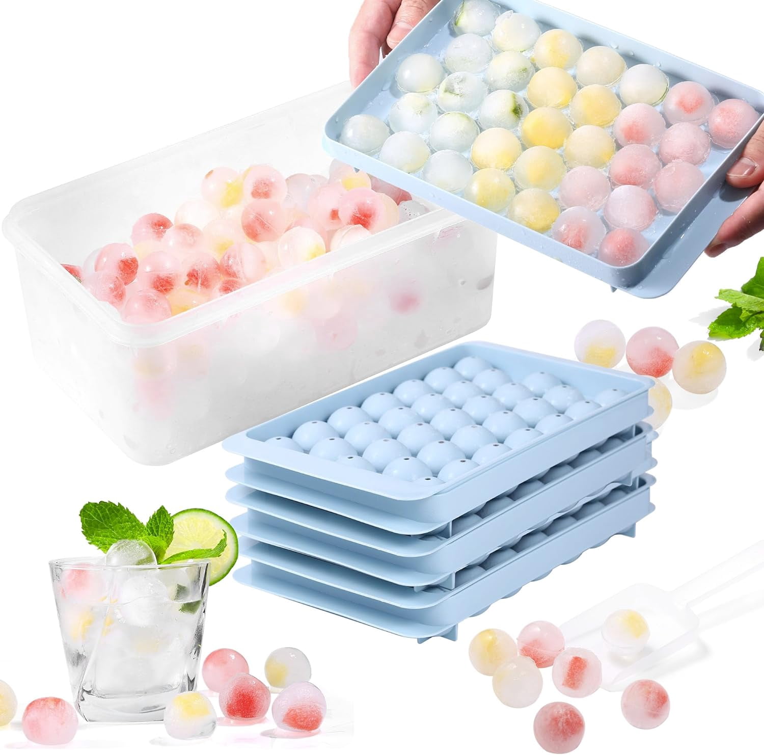 Ice Cube Tray with Lid & Bin Ice Ball Maker Mold for Freezer with Container Mini Circle Ice Cube Tray Making 99PCS Sphere Ice Balls (2.54cm/1 inch), 3 Trays 1 ice Bucket & Scoop