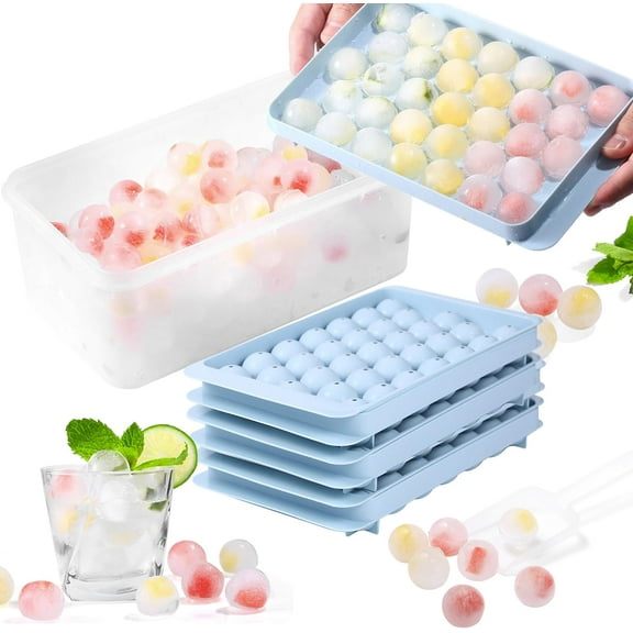 Ice Cube Tray with Lid & Bin Ice Ball Maker Mold for Freezer with Container Mini Circle Ice Cube Tray Making 99PCS Sphere Ice Balls (2.54cm/1 inch), 3 Trays 1 ice Bucket & Scoop