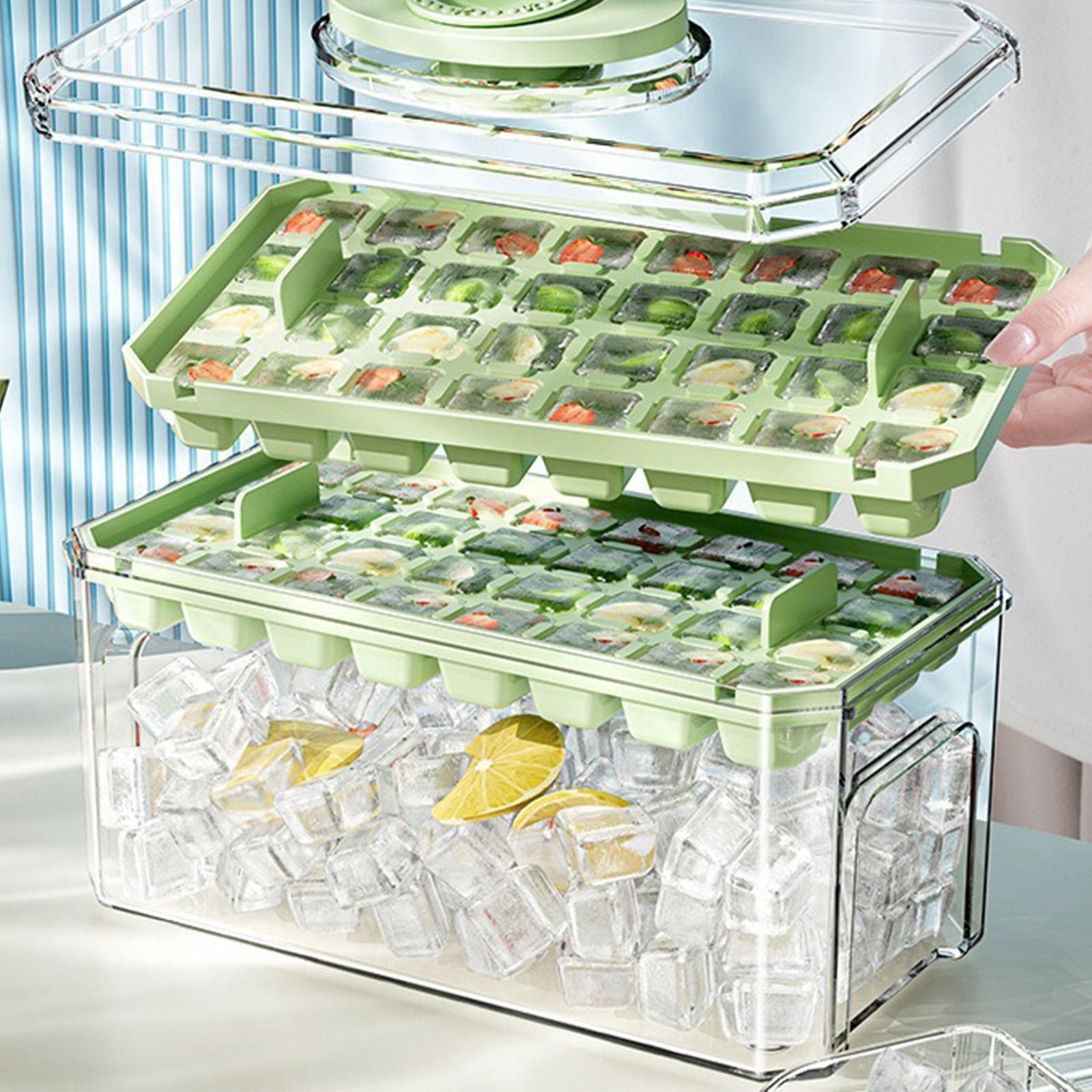 Ice Cube Tray with Lid and Bin,One Button Release Ice Cube Trays with Ice Shovel,Ice Maker Mold for Freezer with Container,64 Nuggets Tiny Ice Cube Tray Crushed Ice Tray for Chilling Drinks Juice
