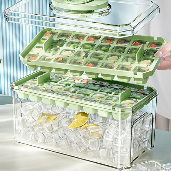 Ice Cube Tray with Lid and Bin,One Button Release Ice Cube Trays with Ice Shovel,Ice Maker Mold for Freezer with Container,64 Nuggets Tiny Ice Cube Tray Crushed Ice Tray for Chilling Drinks Juice