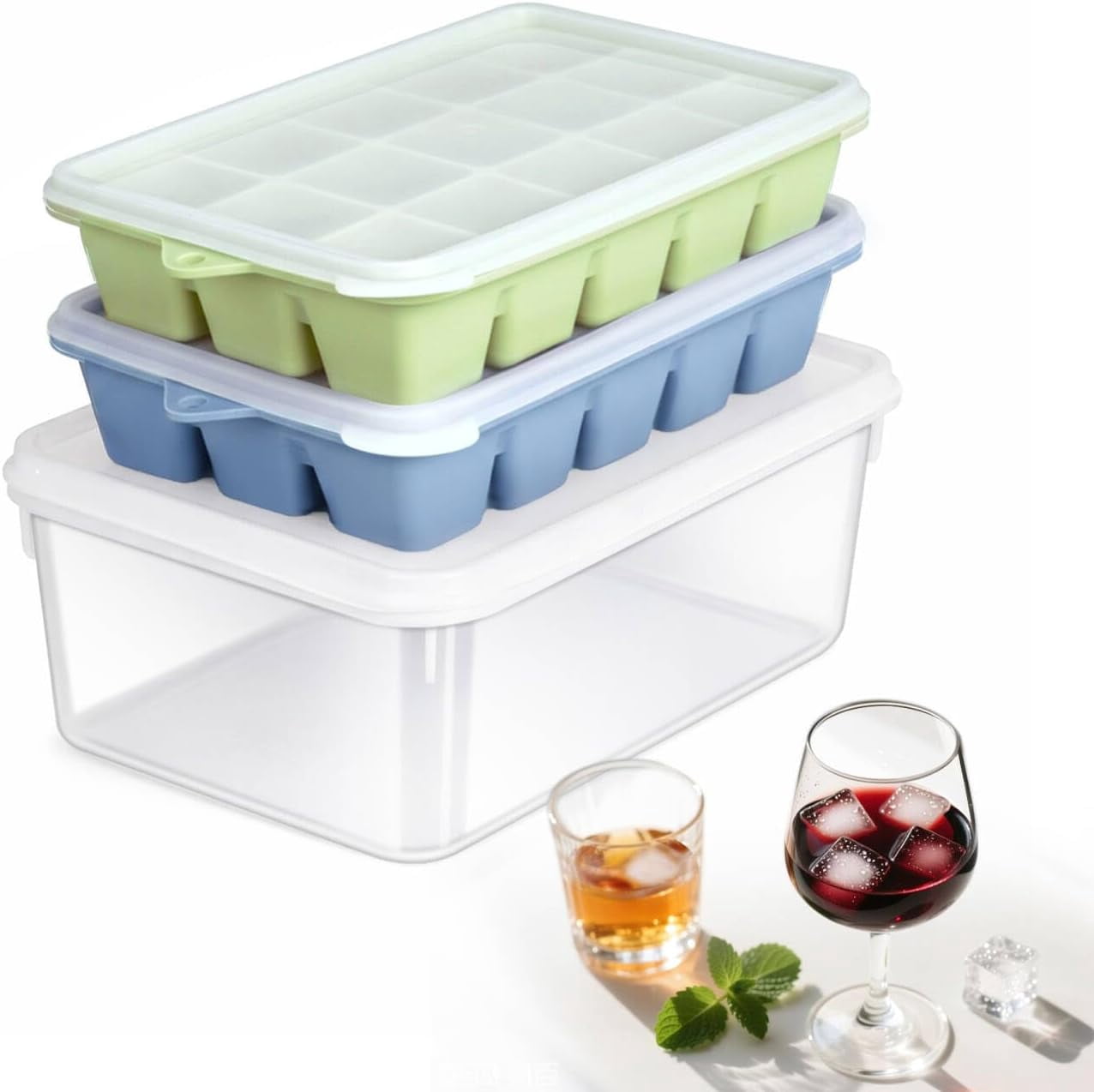Ice Cube Tray with Lid and Bin - Upgraded Easy Release Silicone Ice Cube Trays for Freezer with Non-Spill Lids, Stackable Ice Bucket Kits with Storage Container for Kitchen, RV, Cocktail, Coffee