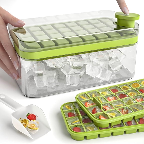 Ice Cube Tray with Lid and Bin, Upgraded One Button Release Ice Cube Trays, Tiny Ice Cube Maker Molds for Freezer with Container, Crushed Ice Tray for Chilling Drinks Coffee Juice Wine