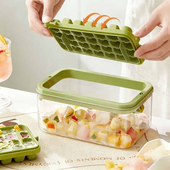 Ice Cube Tray with Lid Press Easy Release, Ice Cube Mold with Scoop and Bin Ice Trays for Freezer, 2-in-1 Double Layer Portable Ice Box, Countertop Ice Maker Machine for DIY Summer Drinks (C)