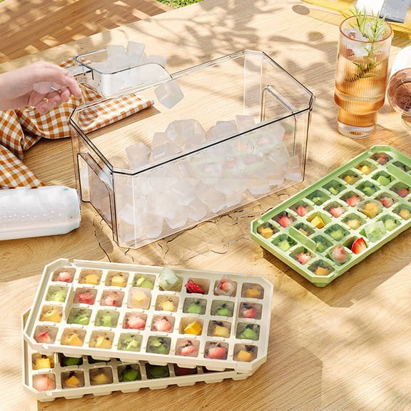 Ice Cube Tray With Lid | Press Release Freezer Ice Storage Bin | Stackable PET Plastic Container | 19x10x10cm | DIY Cocktail Coffee Tea | 1 Pack | Green Beige