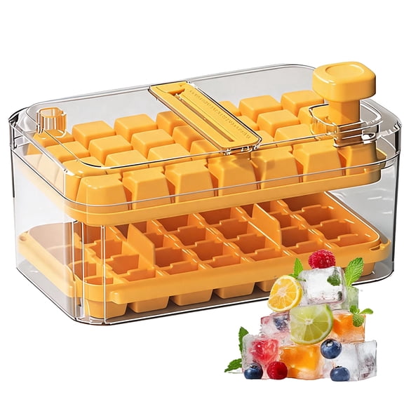 Ice Cube Tray with Lid and Storage Bin, 56 Grid Stackable Ice Maker Tray with Press Release Design, Easy Release Ice Tray with Scoop for Freezer,Yellow