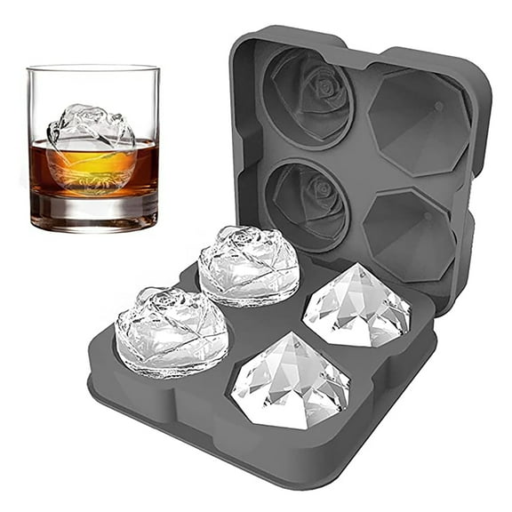 Ice Cube Tray, SHX 2.5inch Ice Cube Molds, 2 Cavity Silicone Rose & 2 Diamond Ice Ball Maker, Easy Release Large Ice Cube Form for Chilling Cocktails, Whiskey, Bourbon & Homemade Juice (Grey)