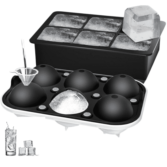 Ice Cube Tray (Set of 2), Covered Sphere Ice Cube Maker and Large Square Ice Cube Maker, Quick Release for Whiskey, Cocktails and Homemade Beverages, Keeps Drinks Chilled Black