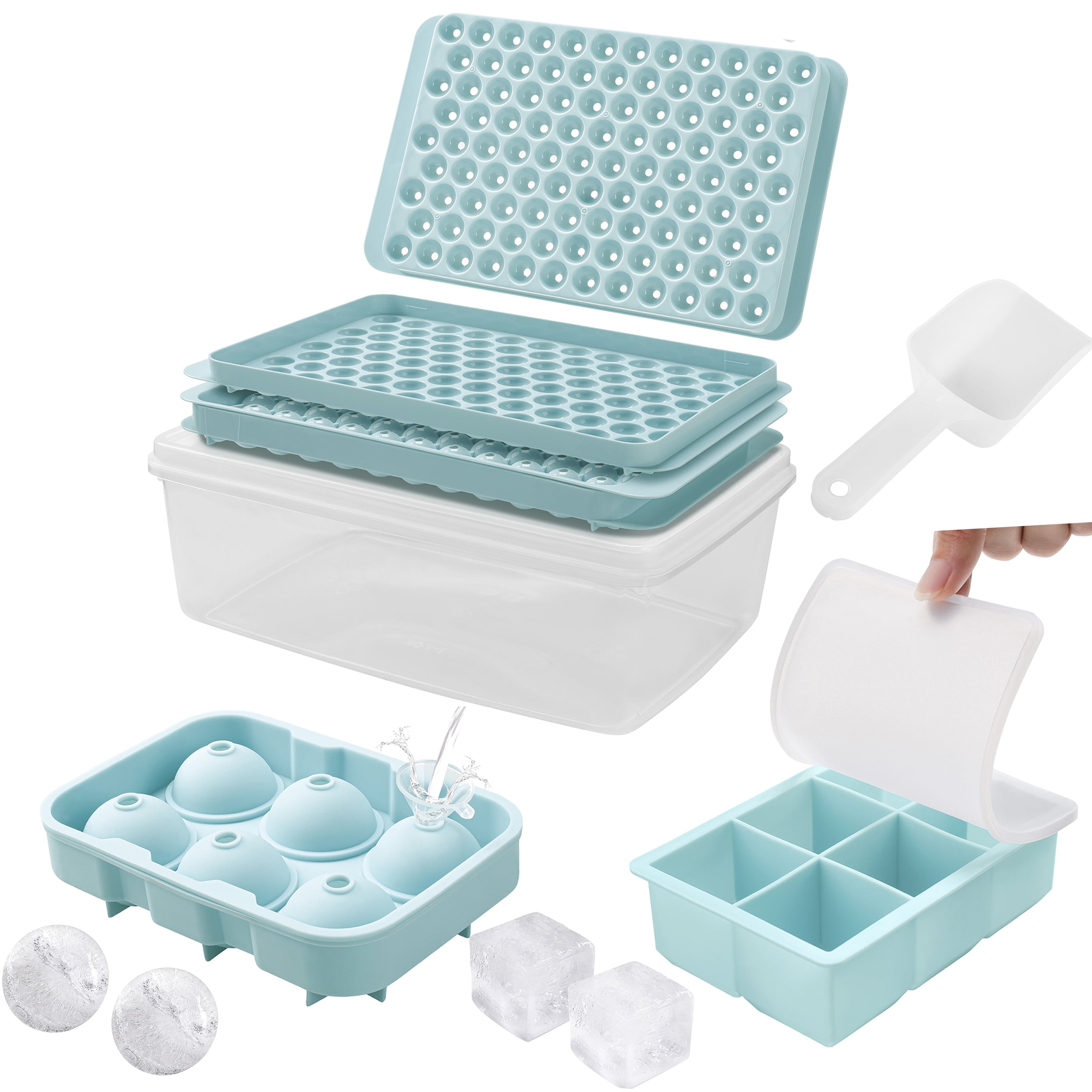 Ice Cube Tray,(Set of 4)Ice Trays for Freezer with Lid & Bin, Mini Round Ice  Ball Trays and Silicone Large Square Ice Tray & Sphere Ice Cube Mold for  Cocktail Bourbon Chilling