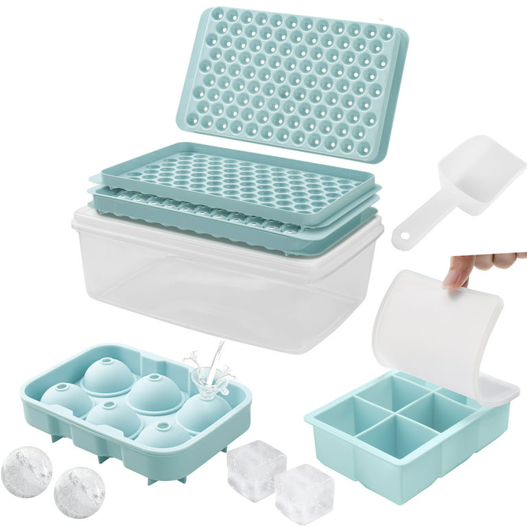 Ice Cube Tray,(Set of 4)Ice Trays for Freezer with Lid & Bin, Mini Round  Ice Ball Trays and Silicone Large Square Ice Tray & Sphere Ice Cube Mold  for