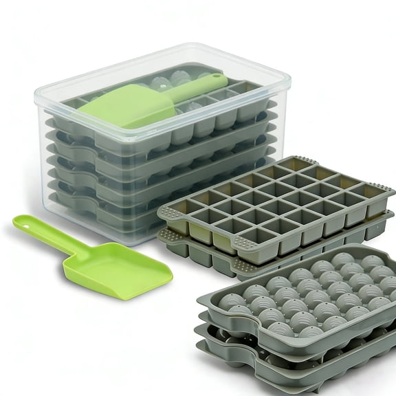Ice Cube Tray Set with Container & Scoop – 4 Pack Sphere Ice Maker 32 Cavities &  Square Ice Tray 24 Cavities, BPA-Free Silicone Mold for Cocktails, Whiskey, Coffee, Easy-Release & Stackable